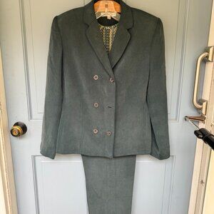 Travis Ayers Forest green silk pantsuit with patterned sleeveless blouse